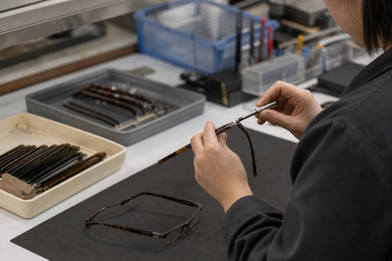 An eyewear technician working carefully on frame assembly