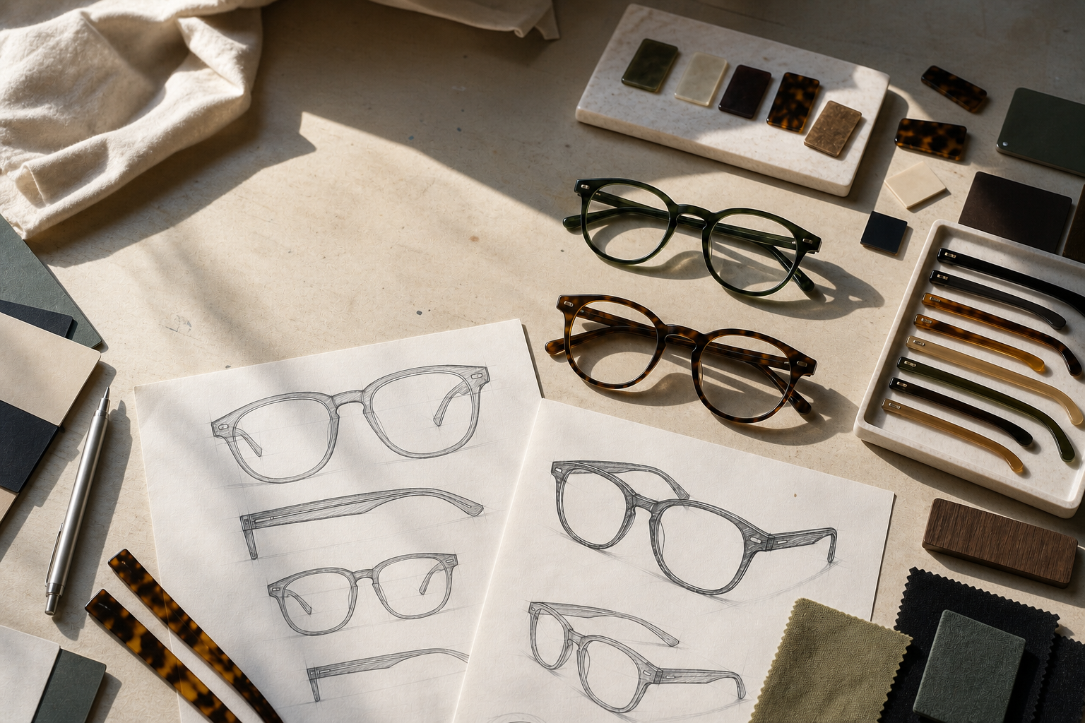 Eyewear concepts, materials and frame development on a designer's table