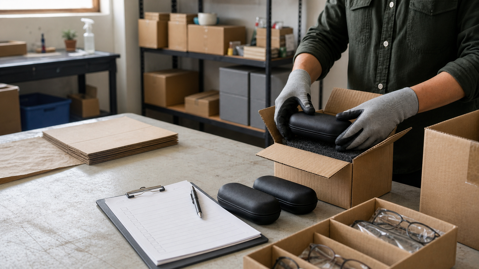 Finished eyewear being prepared carefully for shipment