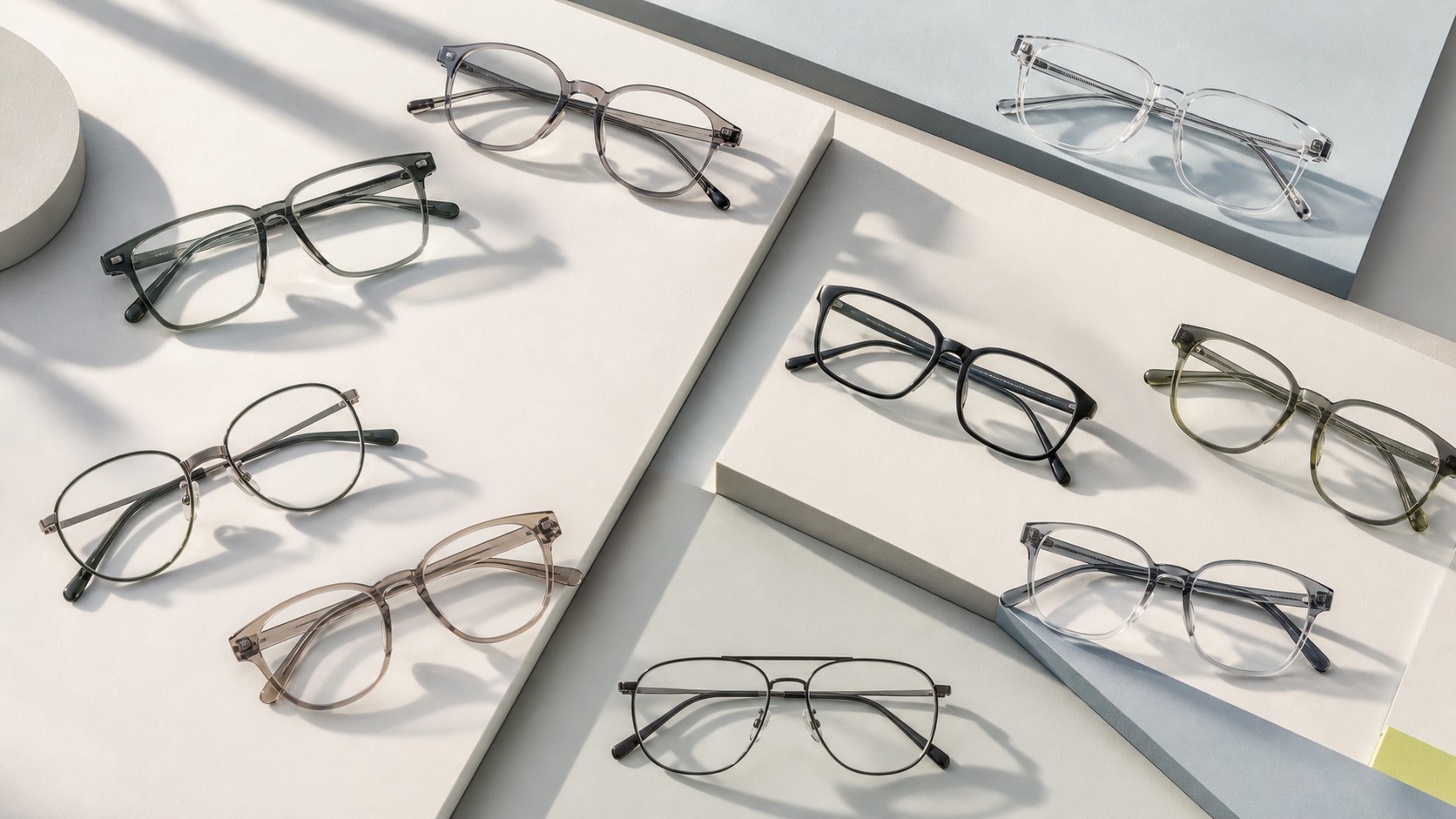 A bright editorial arrangement of optical frames representing eyewear collection development