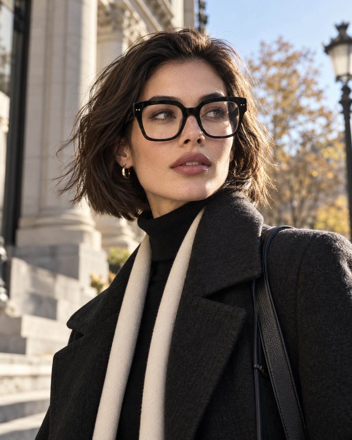 Fashion editorial concept of an adult wearing bold black optical frames with autumn styling